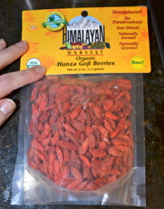 Goji berries (the above picture is the powder form). These are like little fruit snacks!