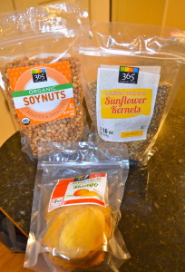 Soy nuts (yum), sunflower seeds, and dried mango