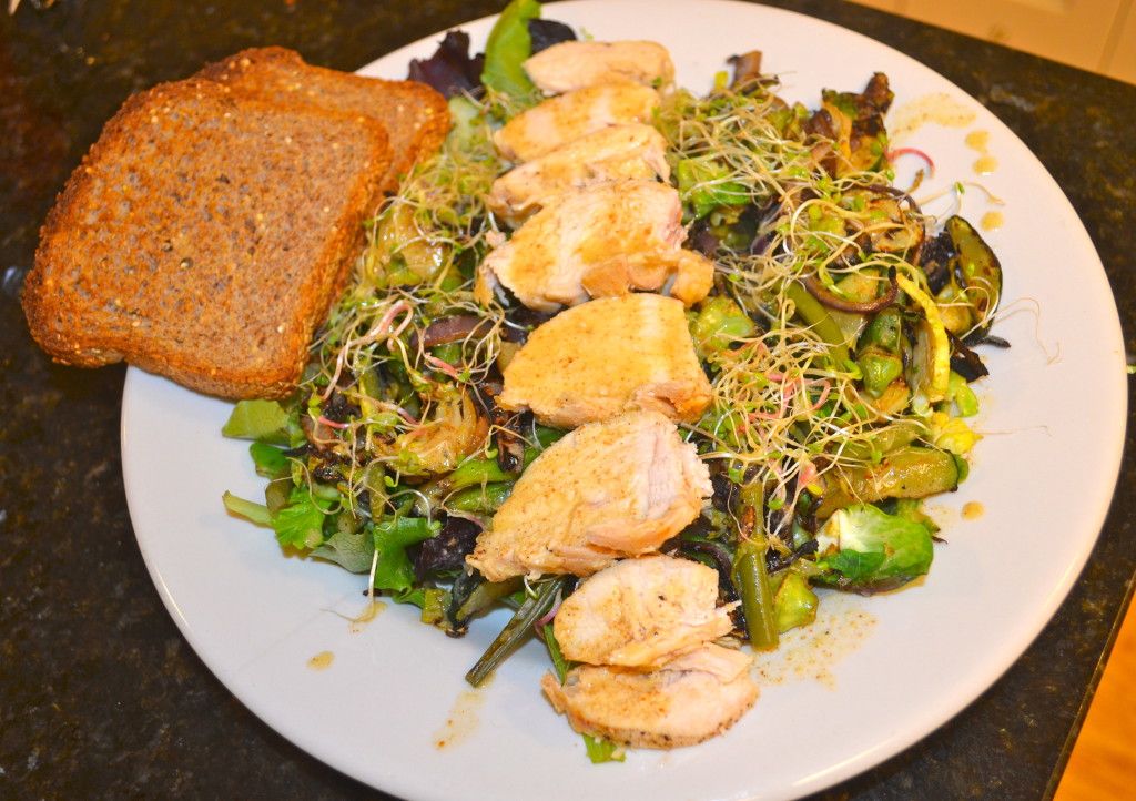 Warm chicken and veggie salad with Dijon Dressing