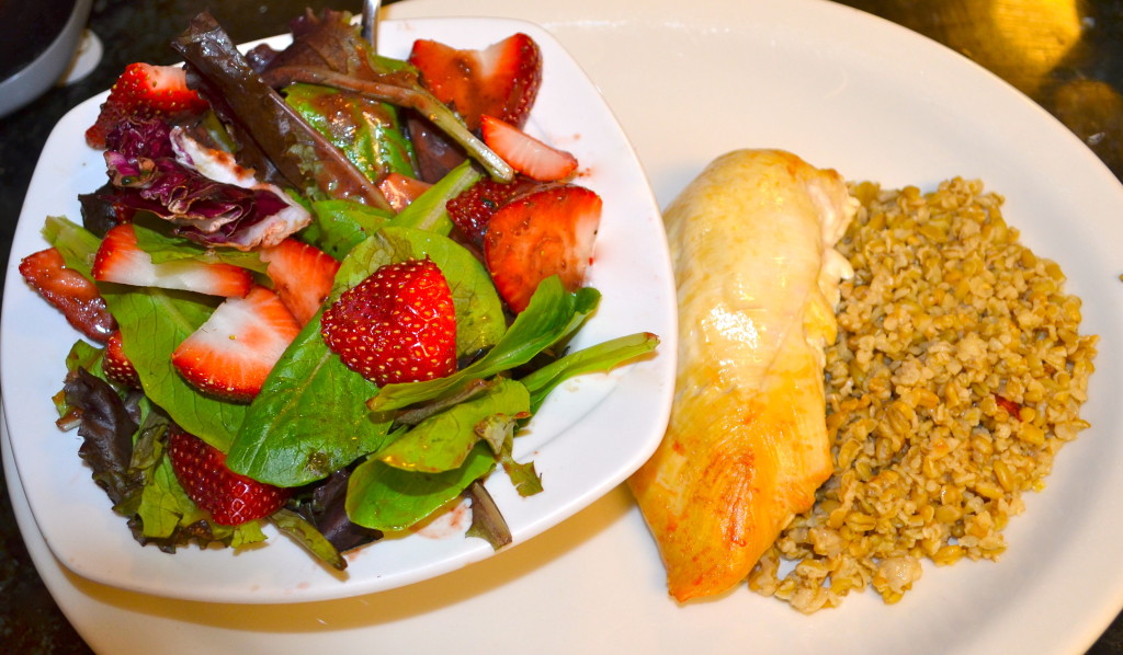 Strawberry and Mixed Green Salad with my homemade Strawberry Balsamic Vinaigrette, Chicken Breast, and Freekah (my favorite grain)