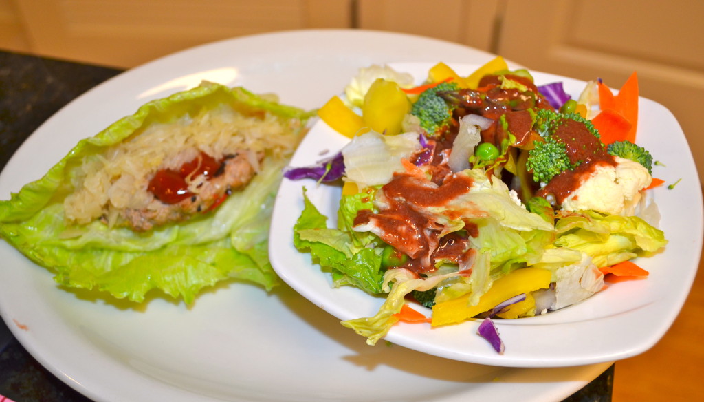 Clean Turkey Burger and a salad with homemade strawberry balsamic vinaigrette!