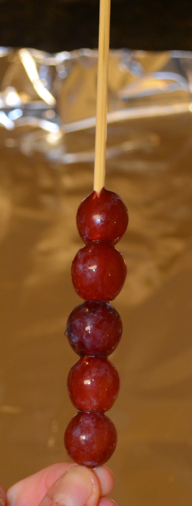 I used grapes and blueberries because they were the easiest to skewer!
