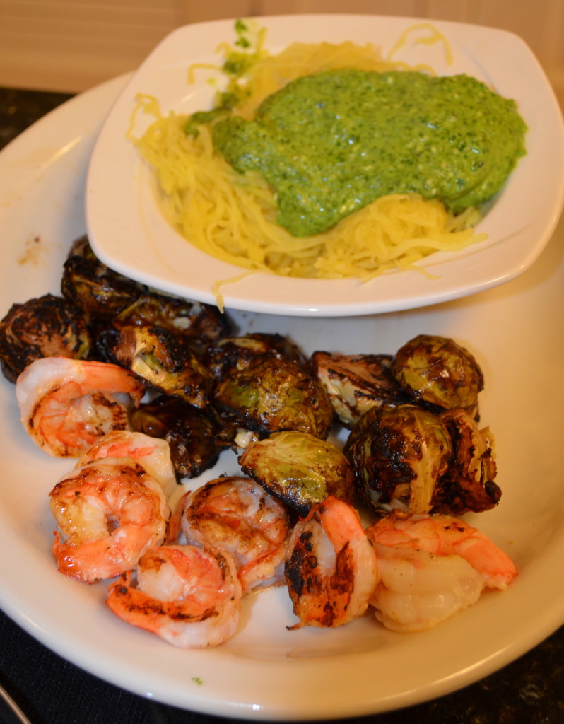 I worked up an appetite! Lime shrimp, brussels, and the spinach pesto with spaghetti squash I featured yesterday :)