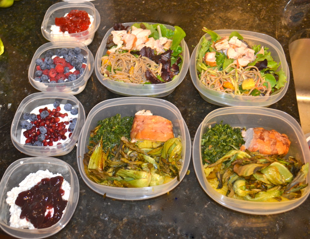 Salads, smoked chicken breast, spinach, soba noodles, baby cabbages. Greek Yogurts and cottage cheese for breakfasts!
