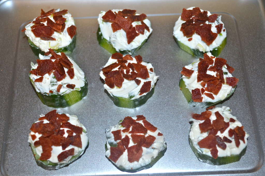 Cucumber bites- Herb cream cheese and turkey bacon make the perfect snack!