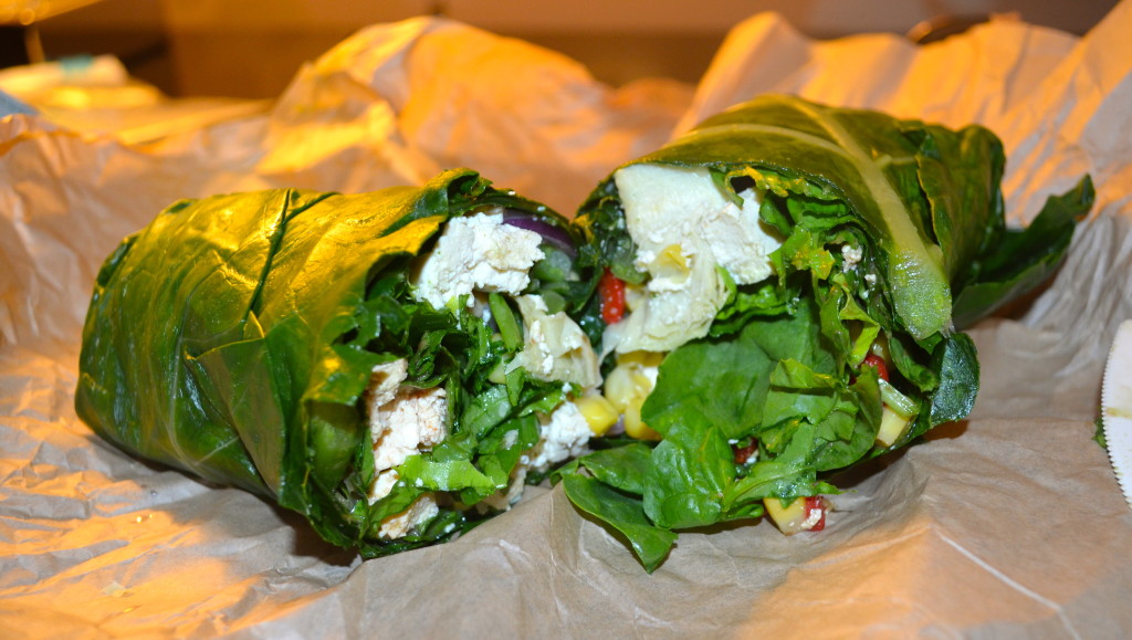 Dinner. Collard green vegan wrap with tofu. So delicious. 