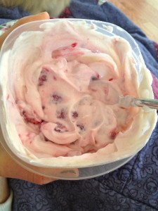 I mash in the berries some to make it pretty and pink