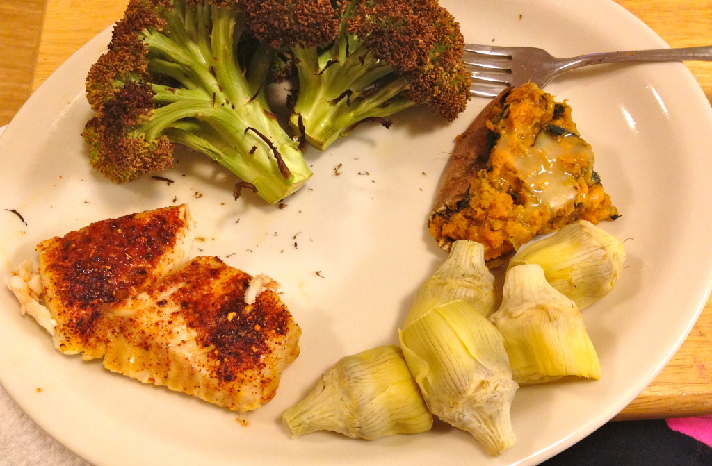3.8 ounces of baked cod with fiesta salt free seasoning, 1/4 serving of my stuffed sweet potato, 5 artichoke hearts in water, and 7 ounces of roasted broccoli. Chili garlic cholula on the side!