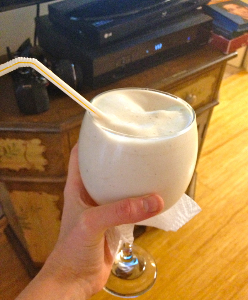 Protein fluff! 1 scoop of cookies and cream protein powder, 1/4 cup of unsweetened vanilla almond milk, 1 small frozen banana, 2 TBSP PB2. Like a peanut butter cookie!