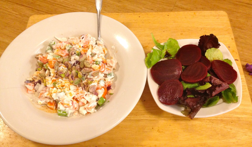 Tuna salad (see below for ingredients), and beets with mixed greens and balsamic vinegar