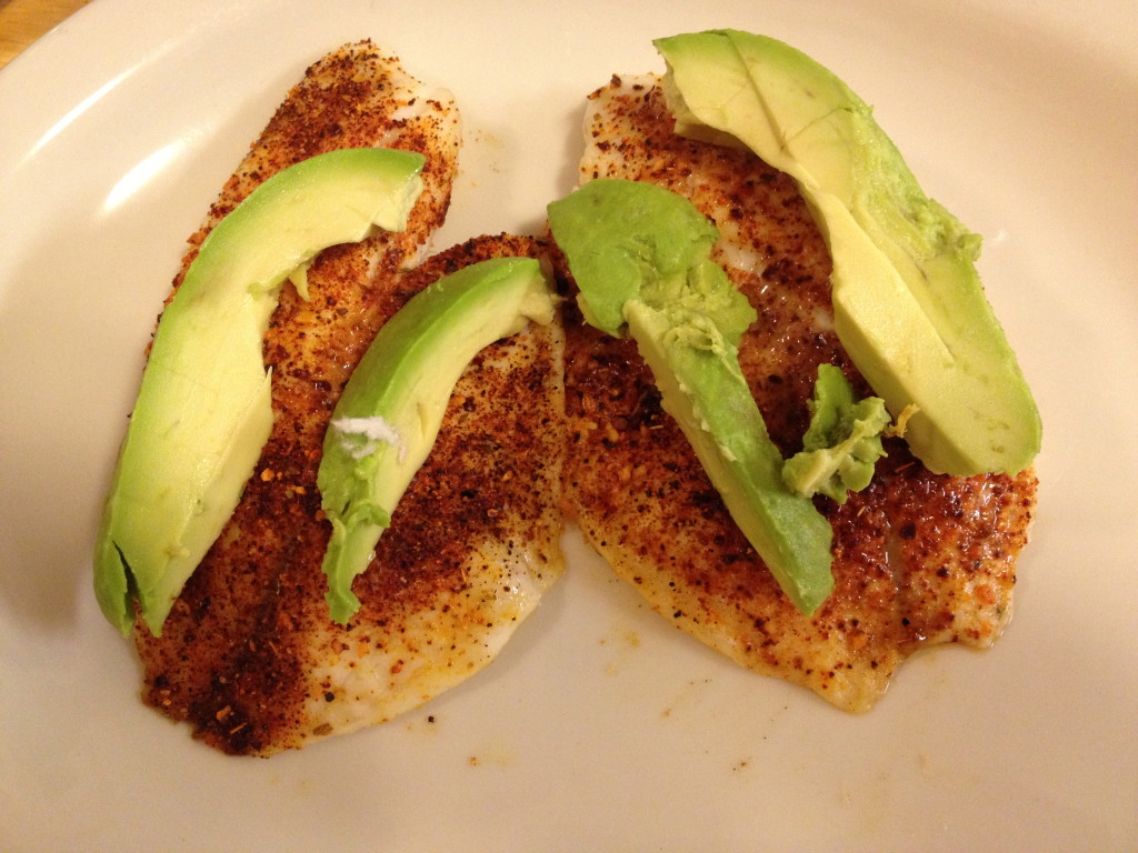 tilapia, fiesta style no salt seasoning and avocado! 