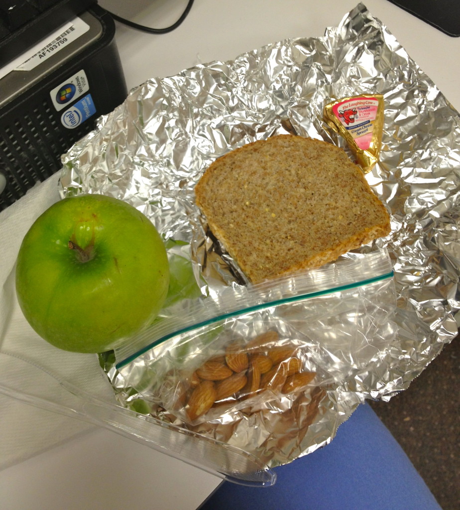 Granny Smith, Ezekiel with laughing cow, almonds 