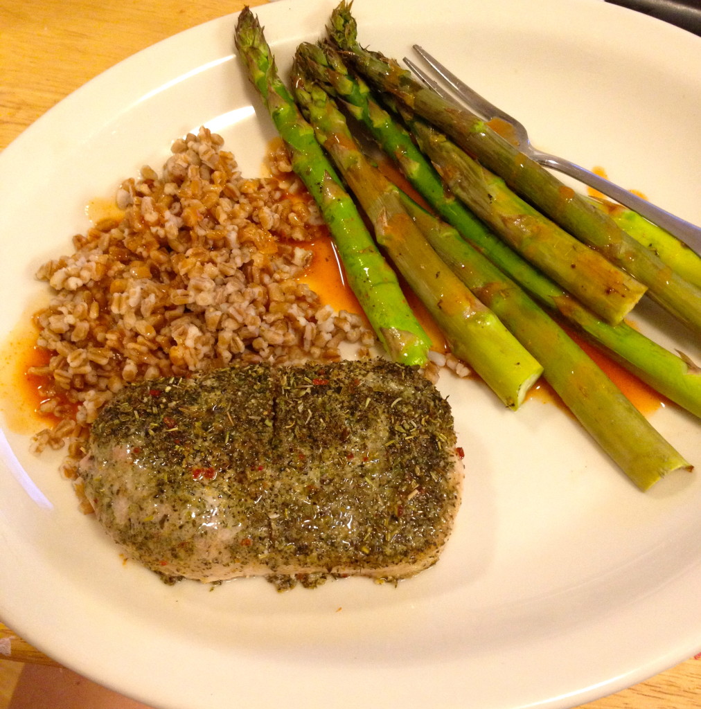 Porkchop with italian Ms Dash, asparagus, wheat berries, and cholula