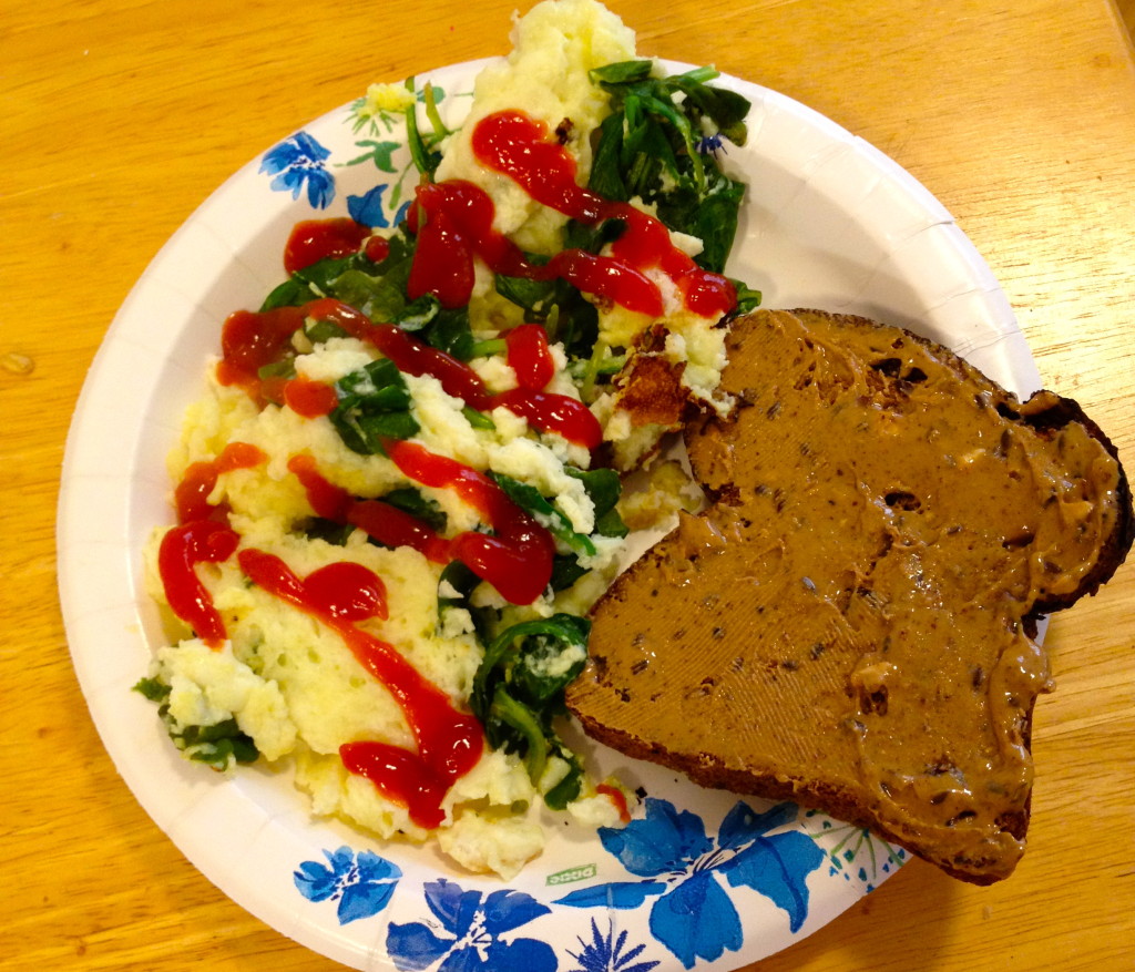 Eggwhites with spinach, ezekiel toast with nutzo 