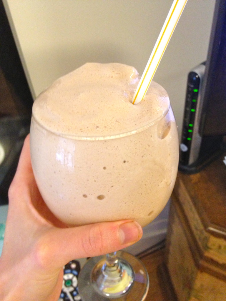 Like a Wendy's frosty! Chocolate whey, banana, a little peanut butter, almond milk, and ice cubes. PERFECTION