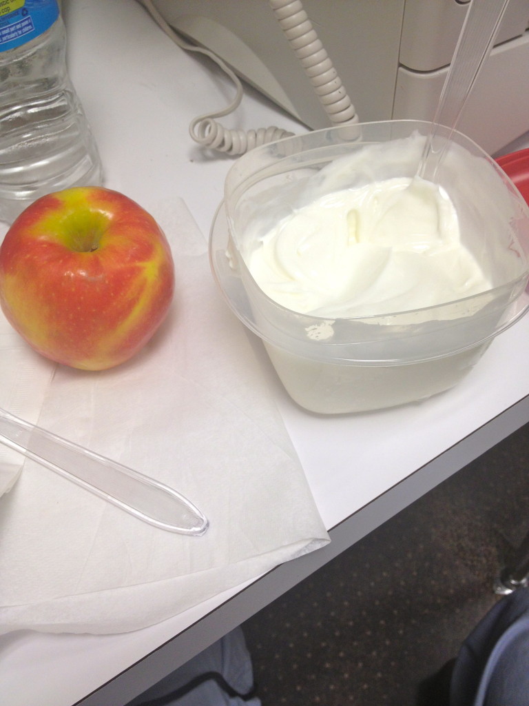 Meal 1! Greek yogurt (a lot of it) and a sweet organic apple!