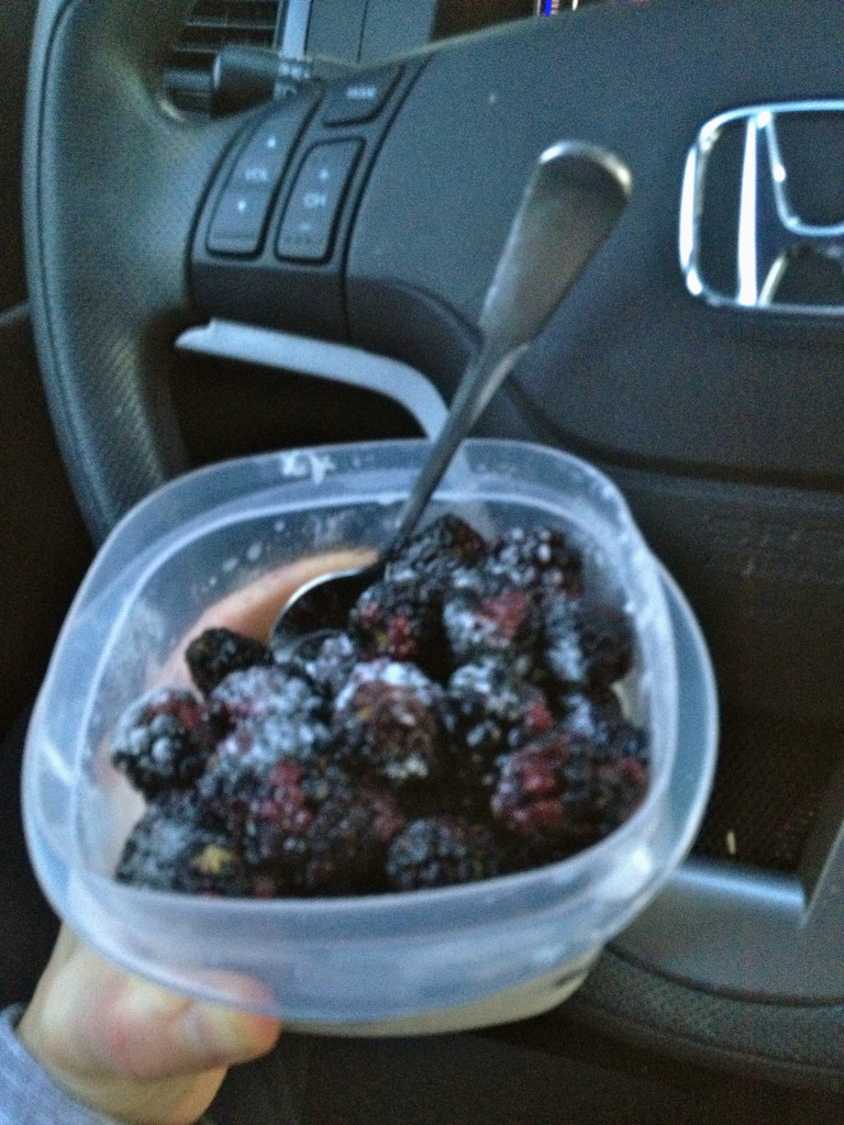 Greek Yogurt and blackberries in the car. Eat to grow :)