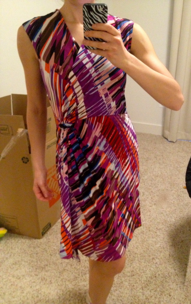 Wrap dress, not keeping but want to. I'm not big on patterns, but I like the way my arms look in this dress. Even though I like it, it would probably just sit in my closet unworn for a good while 