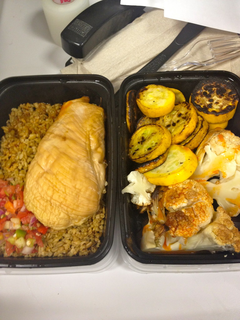 chicken, freekeh (little added fresh salsa from snacks people brought in to work), cauliflower and yellow zucchini