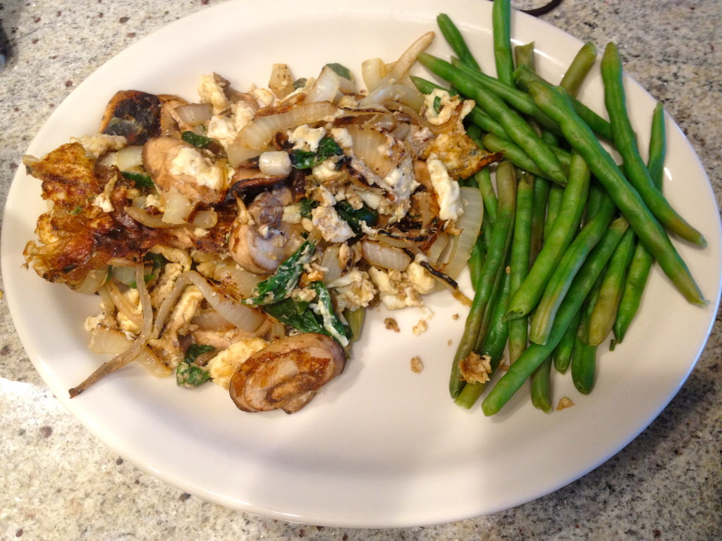 Egg whites full of veggies: mushrooms, onions, and spinach with Ms Dash onion and herb seasoning. Side of green beans!
