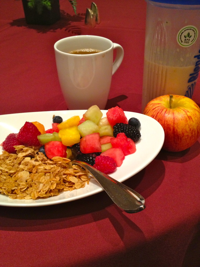 granola, fresh fruit + an apple, protein shake, coffee
