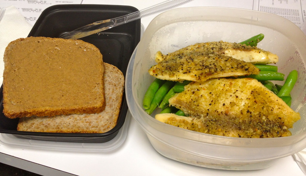 tilapia, green beans, ezekiel bread x 2