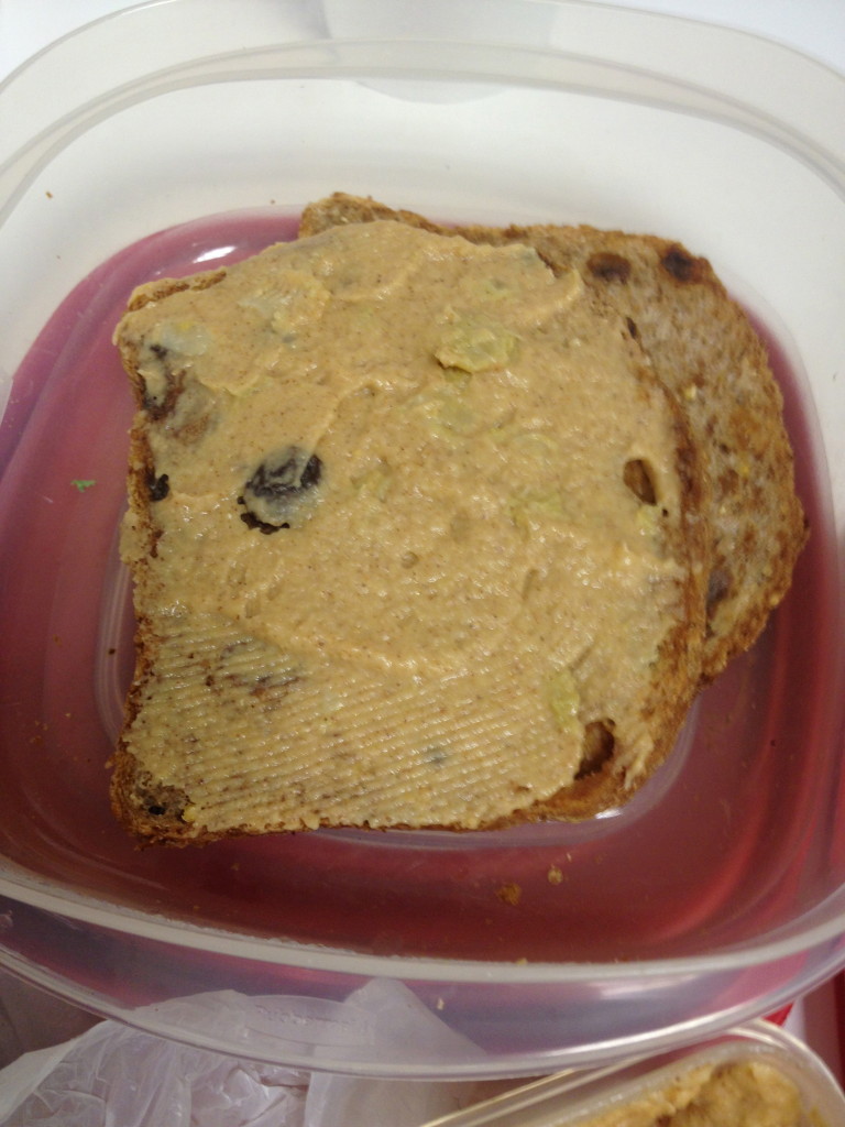 Cinnamon raisin ezekiel slices x 2 and cinnamon raisin hummus. New find :)