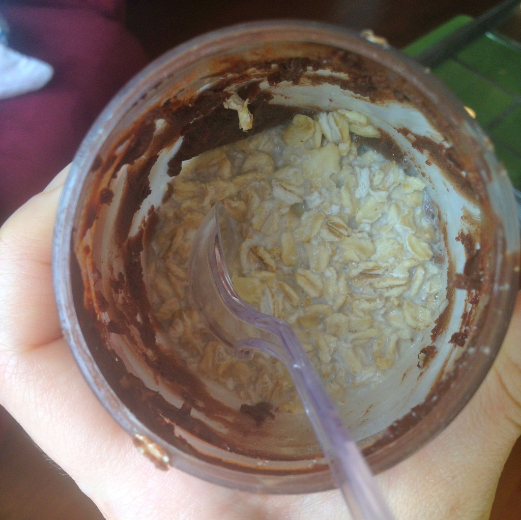 In a leftover Justin's chocolate almond butter jar! Mmmmm 