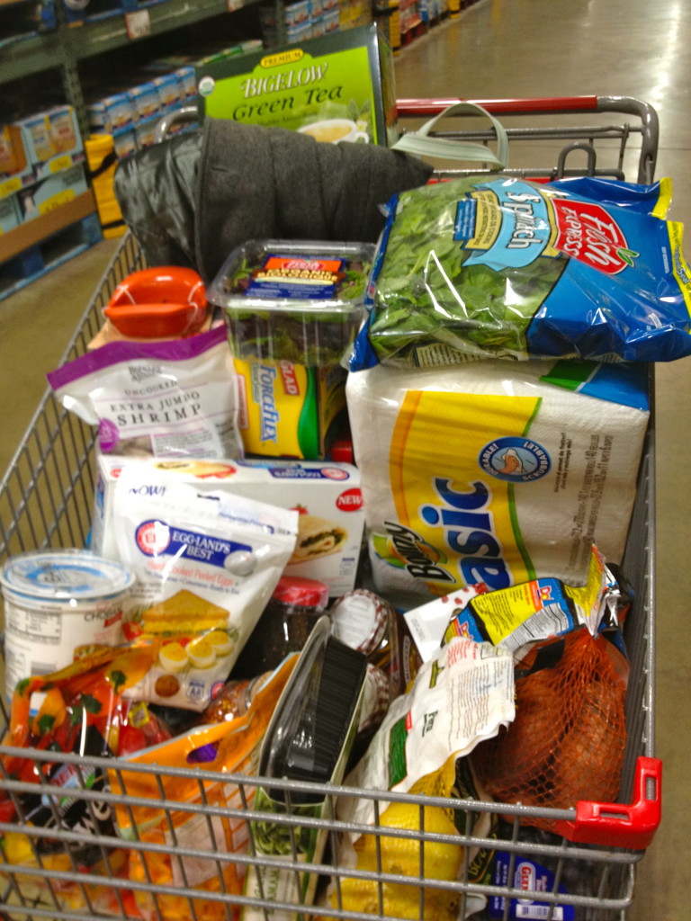 Notice the shrimp in the cart! I also have essentials like paper towels 