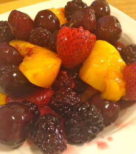 Strawberries, Mango, blackberries, peaches, cherries. YUM!
