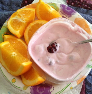 Greek Yogurt with blackberries and and orange. The orange was super sweet! 