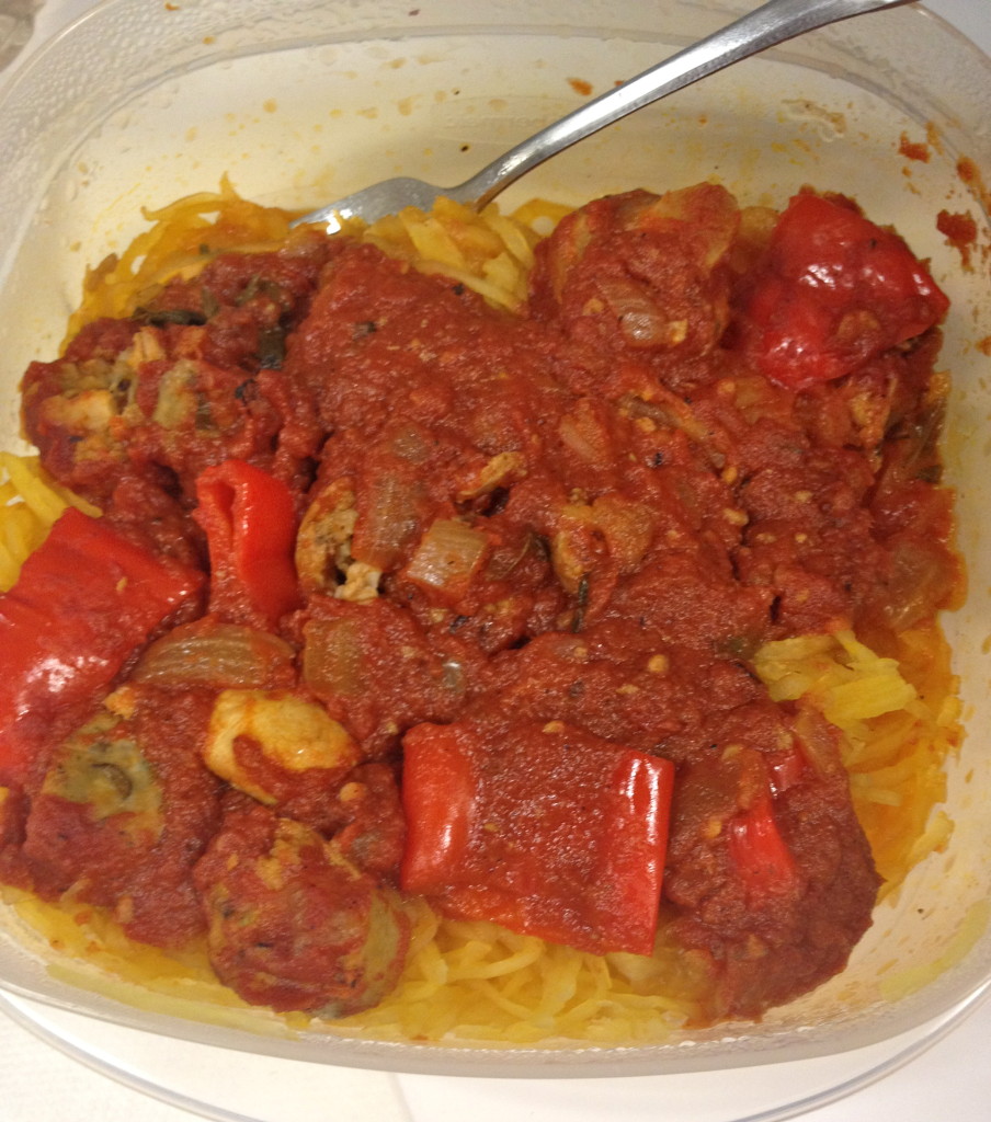 Homemade Spaghetti squash with truffle chicken sausage! Yum!